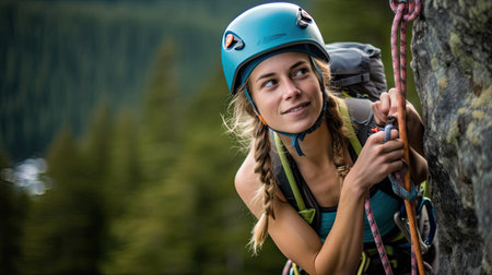 Adult female rock climber on vertical flat wall with poor relief - side view, close-upの素材