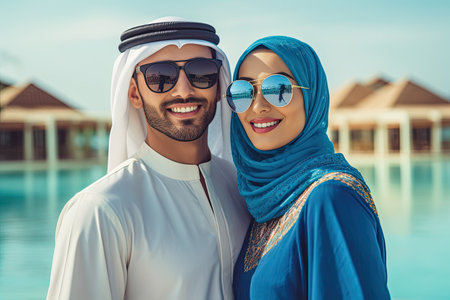 Arabic couple with traditional clothes dating outdoorsの素材