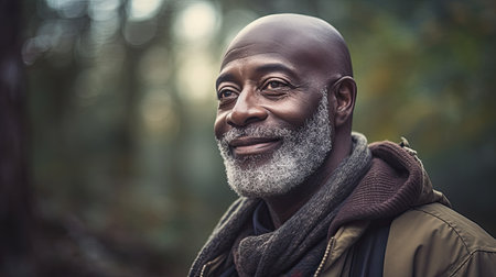 Mature fit African American man. Outdoors close up portraitの素材