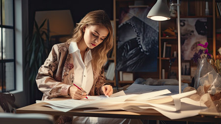 Portrait of professional fashion designer drawing a new shoe model according to the Italian tradition. Concept: fashion, design, mode, styleの素材