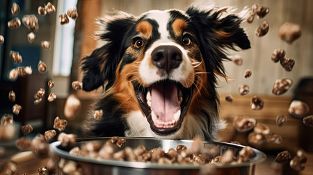 Domestic life with pet. Feeding hungry dog. The owner gives his dog a bowl of granulesの素材