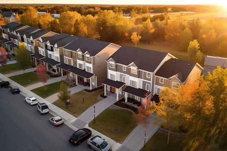 A row of residential townhomes or townhouses in suburb, Concept of real estate development, the housing market, and homeownershipの素材