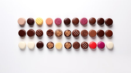 top view of various chocolate pralines isolated on white background.の素材