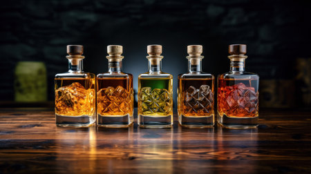 Glass drinks with variety of alcoholic drinks, isolated on dark background. Ideal for mock-up of whisky, brandy, cognac or rum designの素材