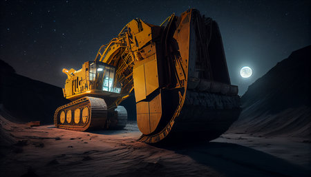 Large quarry dump truck. Big yellow mining truck at work site. Loading coal into body truck. Production useful minerals. Mining truck mining machinery to transport coal from open-pit production.の素材