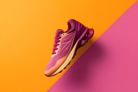 Stability and cushion running shoes. New unbranded running sneaker or trainer on orange background. Mens sport footwear. Pair of sport shoes.の写真素材