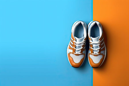 Stability and cushion running shoes. New unbranded running sneaker or trainer on orange background. Mens sport footwear. Pair of sport shoes.の写真素材