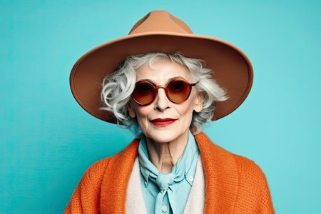 Portrait of 60yo mature senior woman in hipster outfit on blue background.の素材