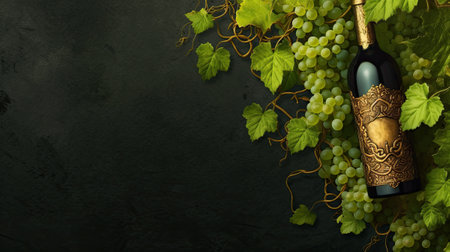 Ripe grape and wine bottle mockup. With copy space.の素材