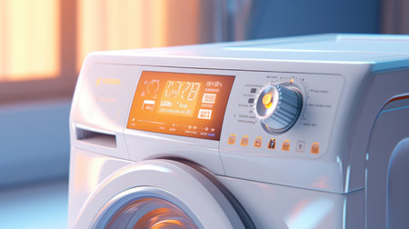 Modern washing machine with laundry, closeup digital control display.の素材