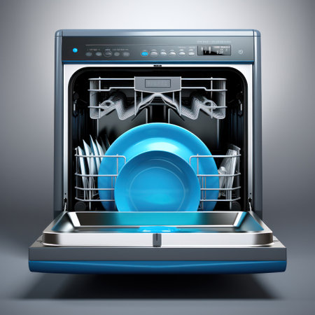silver dishwasher open door, kitchen appliance.の素材