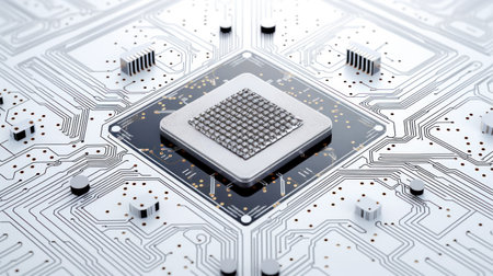 Advanced Technology Concept Visualization: Circuit Board CPU Processor Microchip Starting Artificial Intelligence Digitalization of Neural Networking on whiteの素材