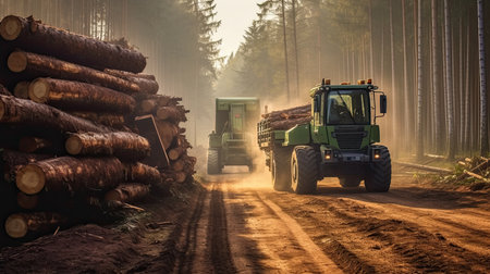 timber carrier, Log stacks along forest road, ai generativeの素材