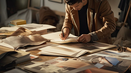 Portrait of professional fashion designer drawing a new shoe model according to the Italian tradition. Concept: fashion, design, mode, styleの素材