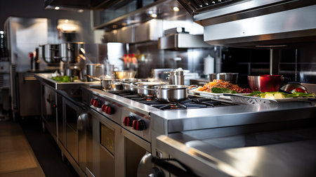 Empty restaurant kitchen with professional equipment.の素材