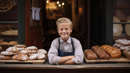 Young seller - the son of the owners of the bakery with shop background.の素材