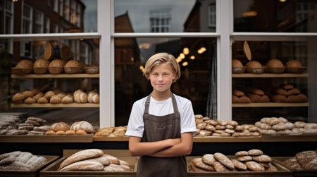Young seller - the son of the owners of the bakery with shop background.の素材