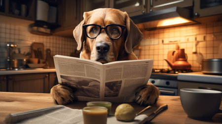 Labrador dog reading and holding a newspaper.の素材