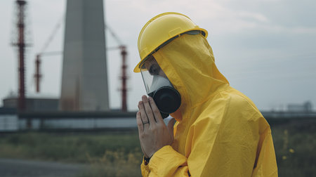 Man in yellow chemical protection suit and face protective mask Praying against the backdrop of a nuclear power plant. Radioactive contamination, terrorist act in radioactive materials.の素材
