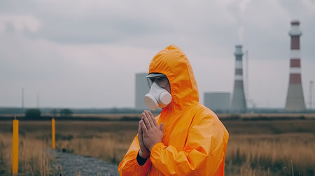 Man in yellow chemical protection suit and face protective mask Praying against the backdrop of a nuclear power plant. Radioactive contamination, terrorist act in radioactive materials.の素材