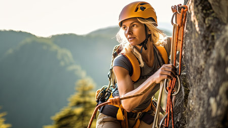 Adult female rock climber on vertical flat wall with poor relief - side view, close-up Hobby, extreme sportの素材