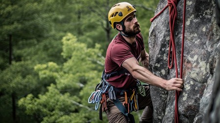 Hobby, extreme sport. Hobby, extreme sport. Young man - a climber climbs rock with ropesの素材