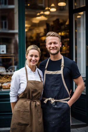 Happy couple - business owner with bakery shop backgroundの素材