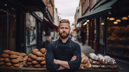 business owner with bakery shop backgroundの素材