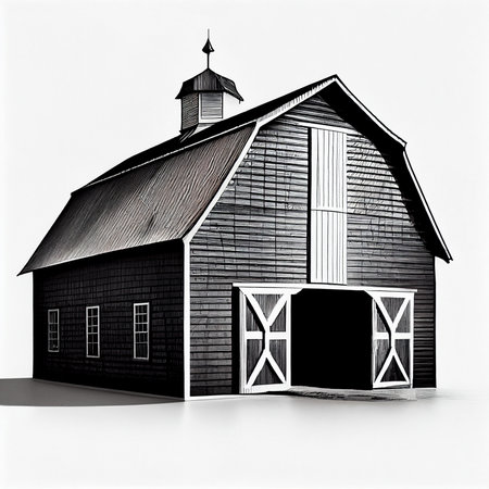 Project of modern small wooden house in Scandinavian style barnhouse, with metal roof On white background, isolated, perspective view.の素材