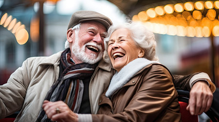 A mature married couple are walking through a Christmas market together. Ai generativeの素材