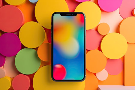 Smartphone mockup. New black frameless hovering smartphone on color background. Based on high-quality studio shot. Smartphone frameless design concept.の素材