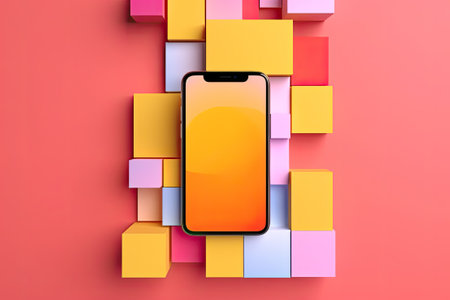 Smartphone mockup. New black frameless hovering smartphone on color background. Based on high-quality studio shot. Smartphone frameless design concept.の素材