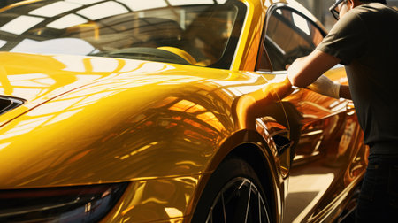 Car wrapping specialist putting vinyl foil or film on car. Selective focus.の素材