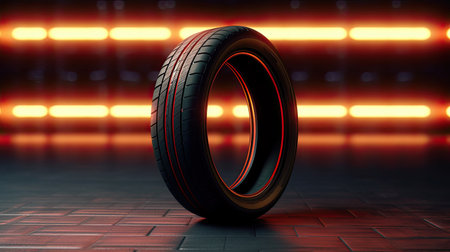 Studio shot of a set of summer, fuel efficient car tires on black background. Contrasty lighting and shallow depth of field, copy space.の素材