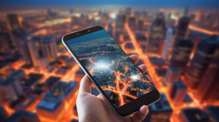 Mobile phone online map with big city lights on background. Gps map navigation with smartphone app. Location mark and automobile sign. emote data monitoring. Autonomous online carの素材