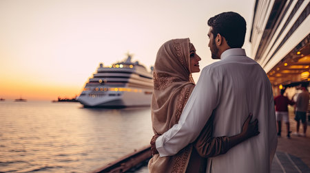 Cruise vacation. Rear view of arabic tourist couple in traditional dress in front of big cruise ship.の素材
