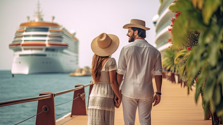 Cruise vacation. Rear view of arabic tourist couple in traditional dress in front of big cruise ship.の素材