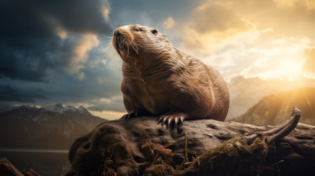 Close up portrait view of an North American beaver sitting in stone with sky on background. Observer, sentry, guard.の素材