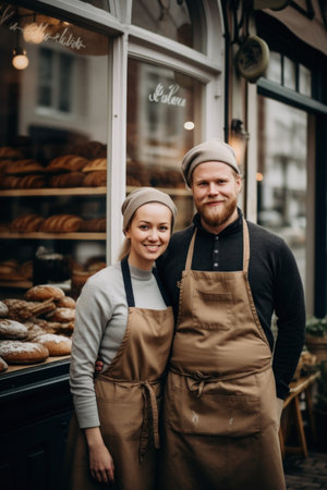 business owner with bakery shop backgroundの素材