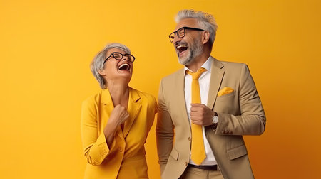 Photo of attractive emotional couple, caucasian man and woman friendly smile good mood wear office shirt isolated yellow backgroundの素材