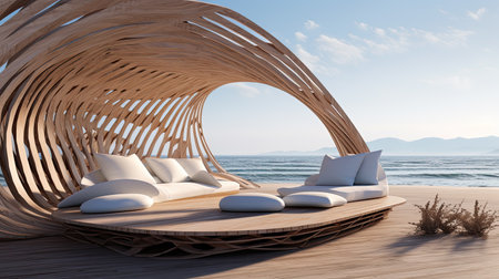 Summer vacation at poolside. Veranda decorated with deck chairs and umbrella with an ocean viewの素材