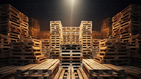 Wooden pallet stacked in empty warehouse closeup, Ai generativeの素材