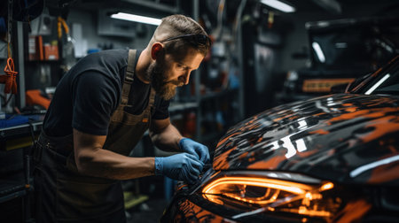 Car wrapping specialist putting vinyl foil or film on car. Selective focus.の素材