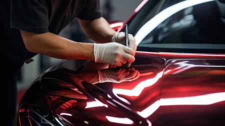Car wrapping specialist putting vinyl foil or film on car. Selective focus.の素材