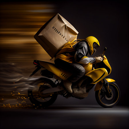 Young courier, delivery man in uniform with thermo backpack on a moped isolated on blue background. Fast transport express home delivery. Online order.の素材