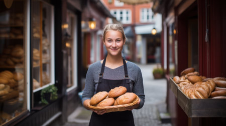 business owner with bakery shop backgroundの素材