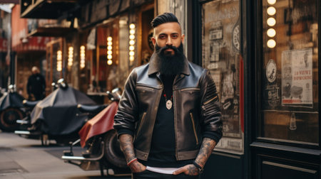 Barber shop owner in front of barbershop. happy and proud for his small business.の素材