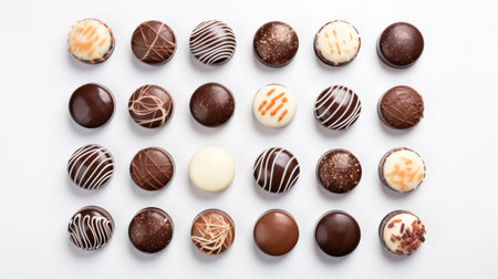 top view of various chocolate pralines isolated on white background.の素材