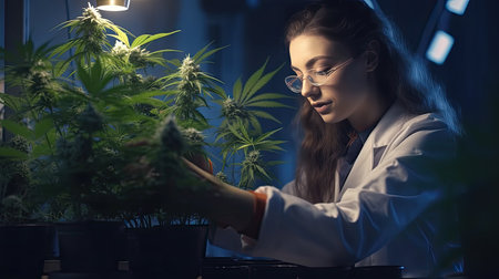 Professional researchers working in a hemp field, they are checking plants, alternative medicine and cannabis conceptの素材