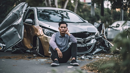 On the Car Crash Traffic Accident Scene. sad driver sitting by the broken carの素材